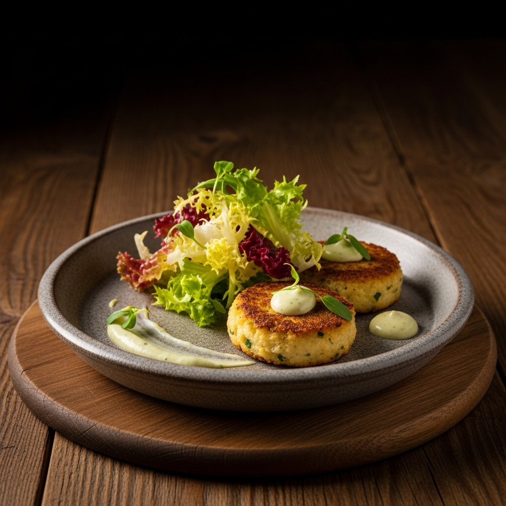 “Elegant French Snack: Truffled Crab Cakes with Herb Aïoli & Crispy Provençal Salad”